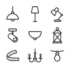 Lighting Fixture Icons. Outline icon set of artificial lighting fixtures: pendant lamp, floor lamp silhouette, desk lamp outline,