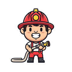 Adorable Little Boy Firefighter Character Holding a Water Hose