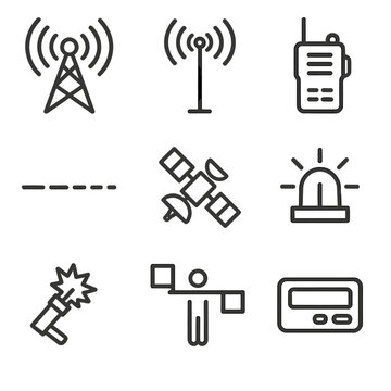 Communication Signal Icons. Outline icon set of communication signals: signal tower, radio antenna, walkie-talkie, Morse code,