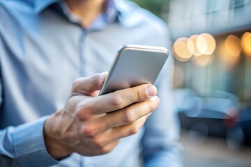 Man holding a smartphone outdoors with blurred background lights