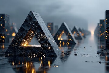 Dark textured triangular structures with glowing golden light reflections on a wet ground extending into a hazy distance