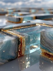 Abstract clear blocks with blue and grey marbling rich gold glitter and prominent reflections on a polished surface