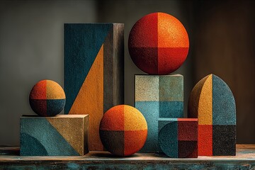 Textured geometric shapes in abstract composition with vibrant color blocks on a rustic wooden surface