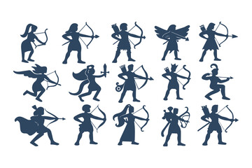 Collection of archer silhouettes in various poses. Vector illustration set of mythological hunters and warriors isolated on a white background.