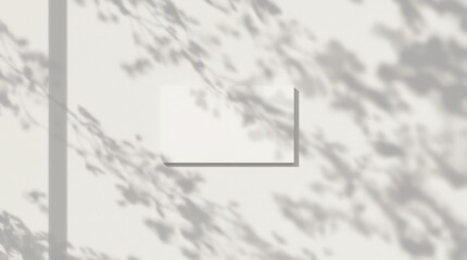 Obraz premium Empty white horizontal rectangle poster mockup with soft hawthorn leaves shadows on neutral light grey concrete wall background. Flat lay, top view 3D illustration