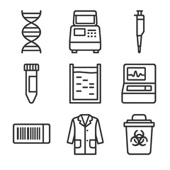 DNA Lab Icons. Outline icon set of DNA laboratory processes: double helix strand, PCR thermal cycler, micropipette, centrifuge