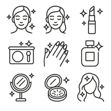 Cosmetic Shine Icons. Outline icon set of shine in cosmetics: glowing skin, radiant face, shining lipstick, sparkling eyeshadow,
