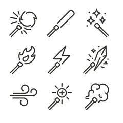 Obraz premium Magical Staff Effects Icons. Outline icon set of magical effects from staffs: energy blast, light beam, sparkles, fireball,