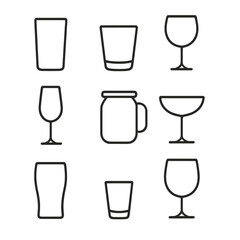 Drinking Glass Icon Set. Outline icon set of drinking glass varieties: highball glass, tumbler glass, stemmed wine glass,
