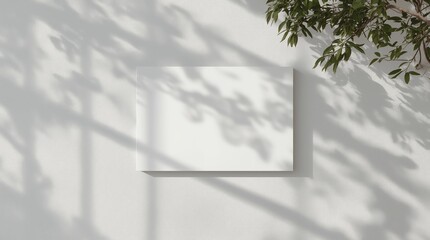 Empty white horizontal rectangle poster mockup with soft hawthorn leaves shadows on neutral light grey concrete wall background. Flat lay, top view 3D illustration