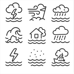 Naklejka premium Marine Storm Icons. Outline icon set of marine storms: thunderstorm at sea, gale force winds, sea foam, waves breaking on rocks,