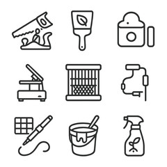 Eco Design Tool Icons. Outline icon set of eco design tools: saw and plane, paintbrush with eco paint, molding clay, heat press,