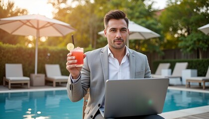 Man in suit working on laptop while enjoying cocktail by poolside