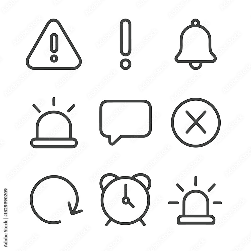 Poster control center icons. outline icon set of control center alerts and notifications: warning sign, exc