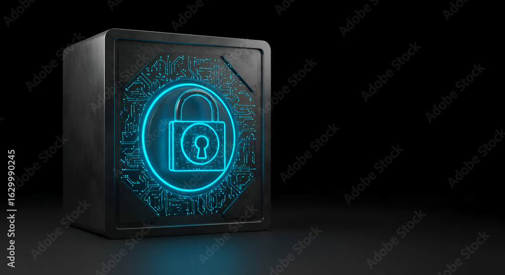 Poster abstract metal security box with glowing lock symbol in dark studio. modern design object displaying