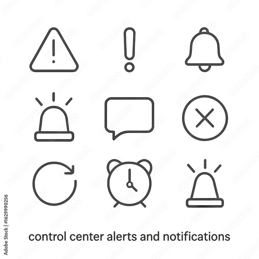 Poster control center icons. outline icon set of control center alerts and notifications: warning sign, exc