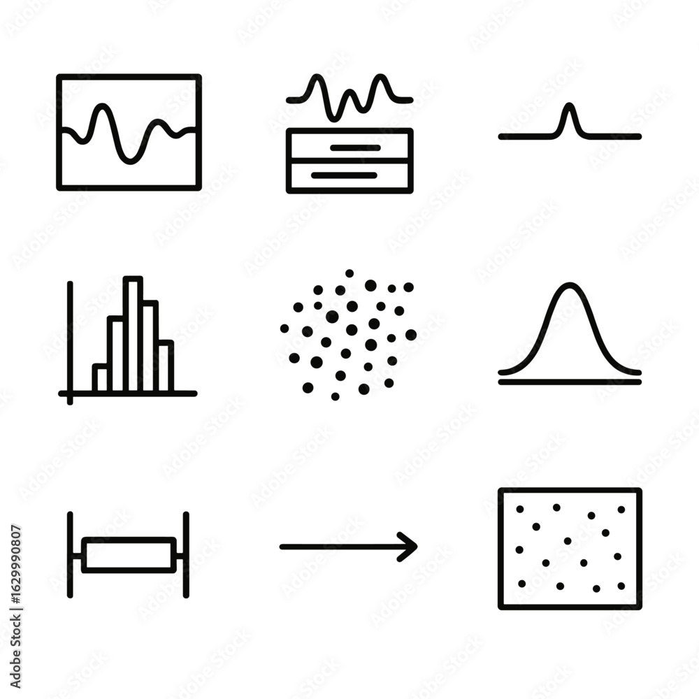 Poster cosmic data icon set. outline icon set of cosmic microwave background data analysis: waveform chart,