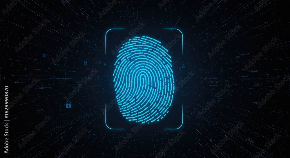 Poster glowing fingerprint graphic against circuit board pattern digital illustration for security and tech