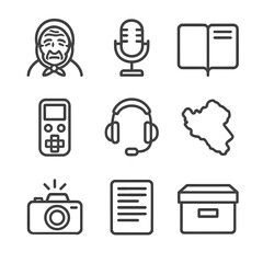 Elder Language Icon Set. Outline icon set of elder language documentation: elder portrait, vintage microphone, field notebook,