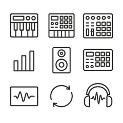 Fototapeta premium Electronic Music Icon Set. Outline icon set of electronic game beat production: synthesizer keyboard, drum machine pad, MIDI