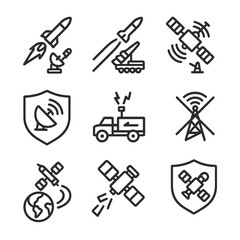 Obraz premium Military Satellite Defense Icons. Outline icon set of military satellite defense: anti-satellite weapon, missile defense system,
