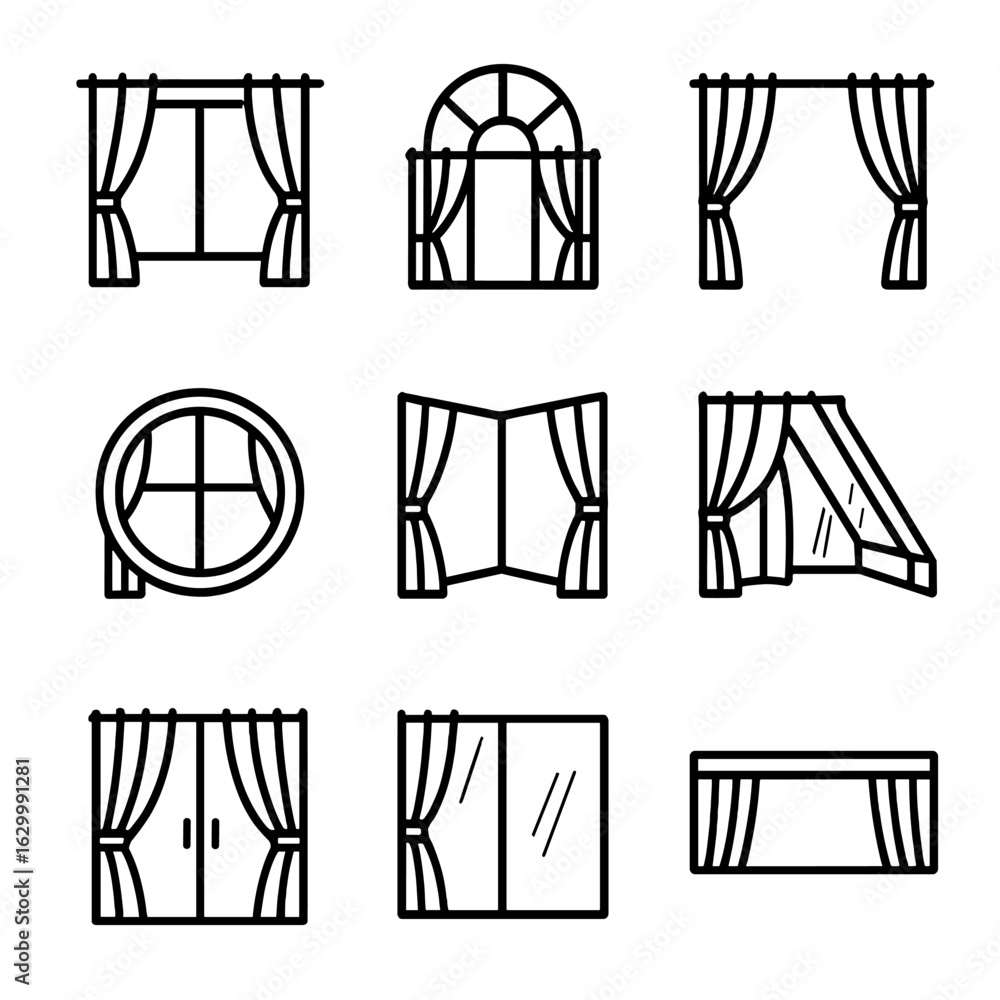 Poster curtain window icon set. outline icon set of open curtain window shapes: rectangular window, arched 
