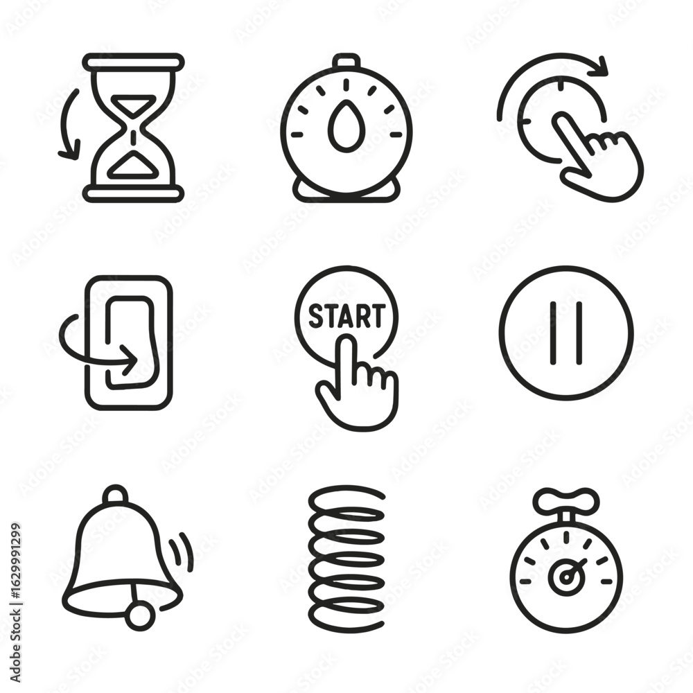Poster countdown mechanisms icons. outline icon set of countdown mechanisms: hourglass turning, mechanical 