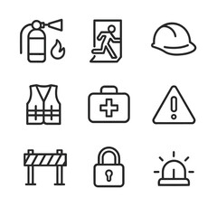 Cosmodrome Safety Icons. Outline icon set of cosmodrome safety: fire extinguisher, emergency exit, helmet, safety vest, first aid