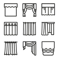 Obraz premium Curtain Styles Icons. Outline icon set of decorative curtain styles: valance outline, swag and jabot, cafe curtain, eyelet curtain