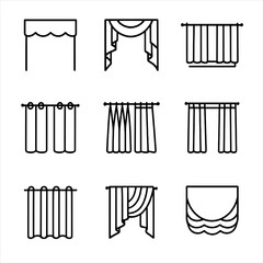 Curtain Styles Icons. Outline icon set of decorative curtain styles: valance outline, swag and jabot, cafe curtain, eyelet curtain