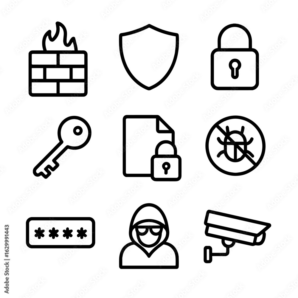 Poster cybersecurity icon grid. outline icon set of data and cybersecurity technology: firewall, shield, lo