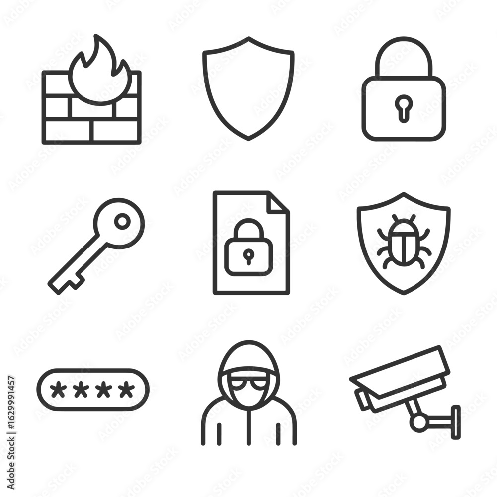Poster cybersecurity icon grid. outline icon set of data and cybersecurity technology: firewall, shield, lo