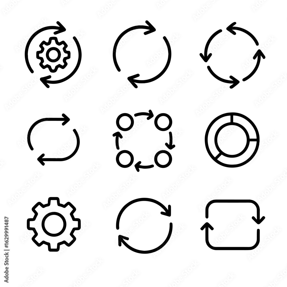 Aufkleber cycle process icons. outline icon set of cycle processes: gear cycle, rotating arrows, feedback loop