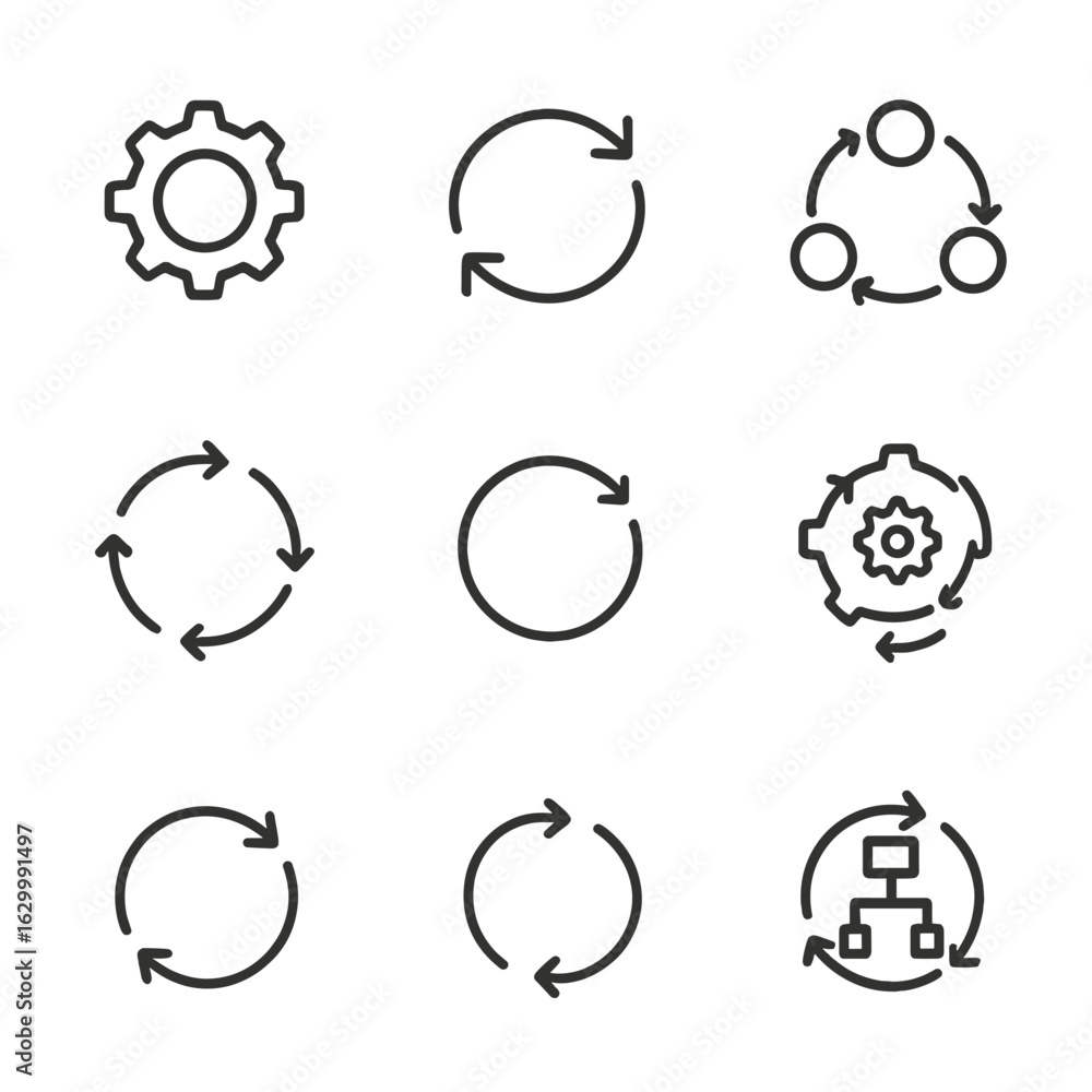 Aufkleber cycle process icons. outline icon set of cycle processes: gear cycle, rotating arrows, feedback loop