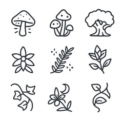 Obraz premium Enchanted Forest Icons. Outline icon set of enchanted forest flora: glowing mushroom, toadstool cluster, ancient oak tree, fairy
