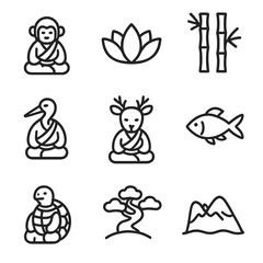 Fototapeta premium Monk Animal Icons. Outline icon set of monk animals and nature: lotus, bamboo, crane, deer, fish, turtle, pine tree, butterfly,