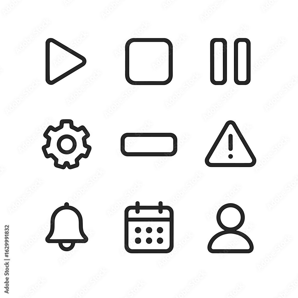 Poster crawler control icons. outline icon set of crawler control panel: start button, stop button, pause, 