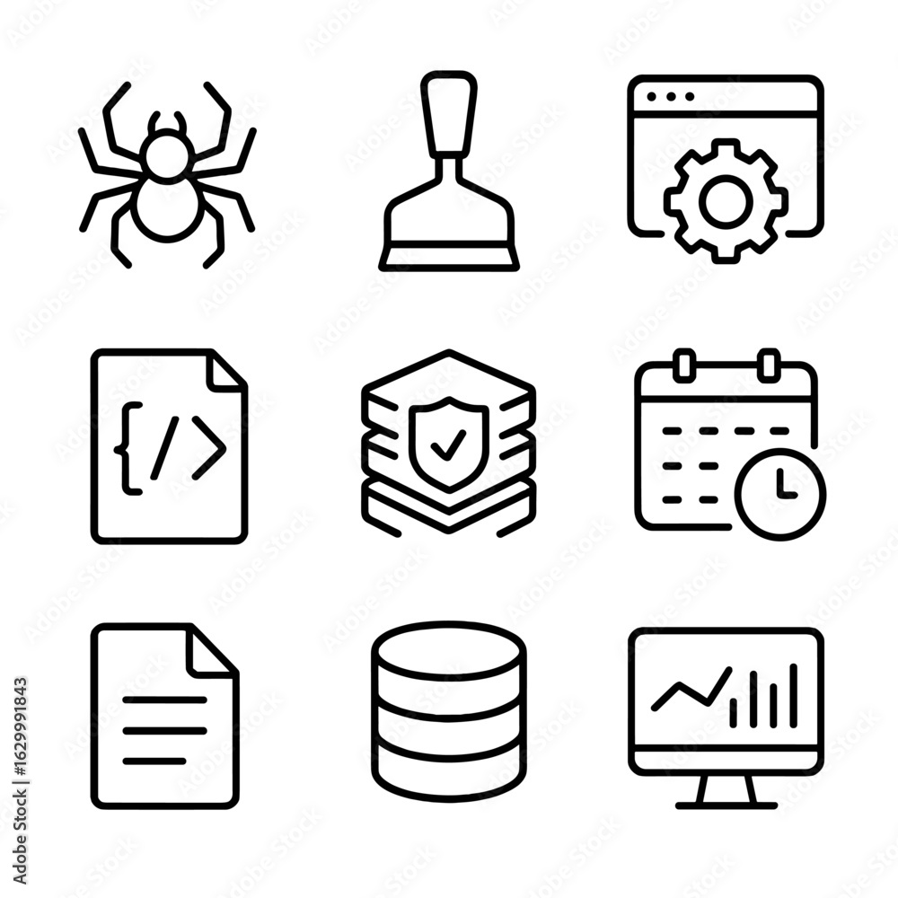 Poster crawler tools icon set. outline icon set of crawler tools and software: spider bot, scraper tool, ap