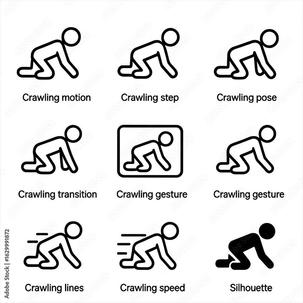 Poster crawling animation icon set. outline icon set of crawling animation and gesture: crawling motion, cr