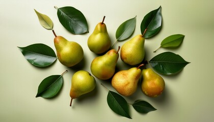 Obraz premium aerial perspective of fresh pears accompanied by their leaves