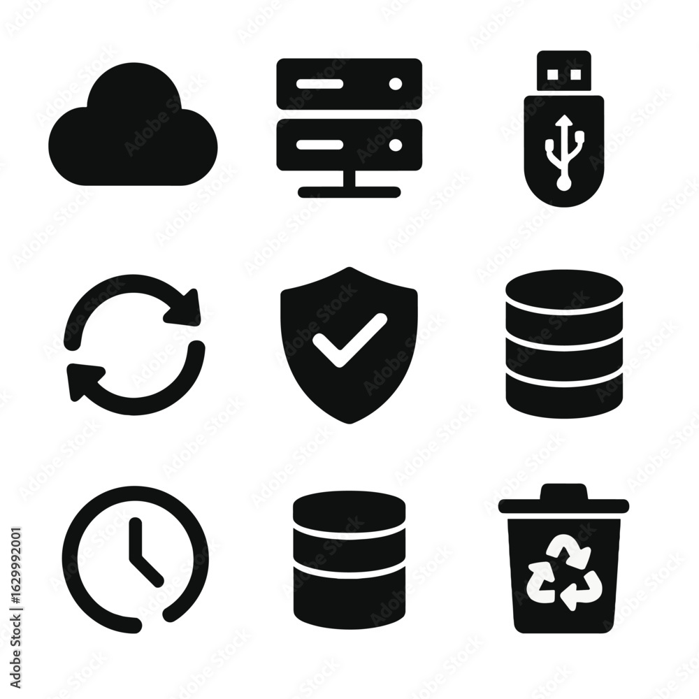 Poster data backup icons. solid, filled icon set of data backup and recovery diagram: cloud storage, server