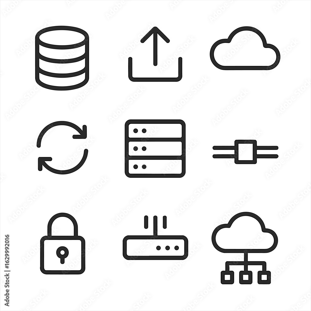 Poster data connectivity icons. outline icon set of data connection: database, cloud storage, upload, downl