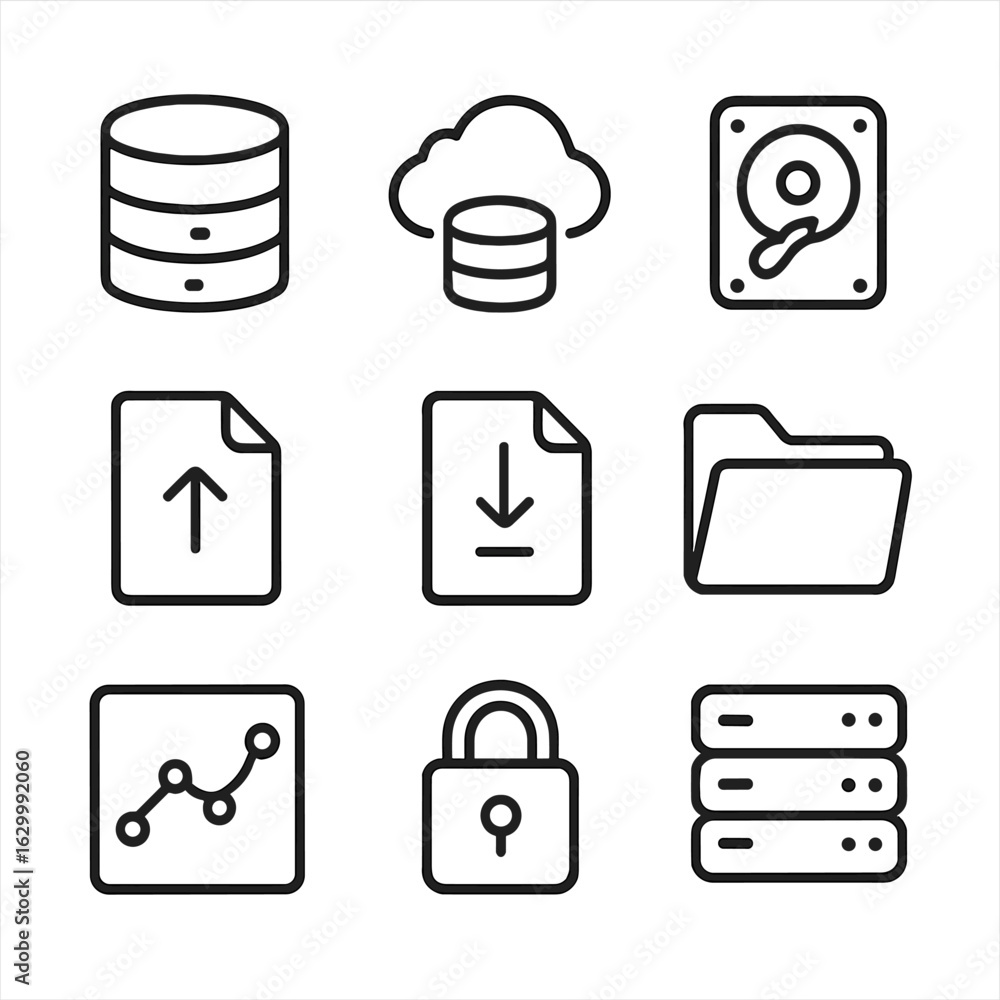 Poster data records icon set. outline icon set of data records: database, cloud storage, hard drive, server
