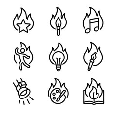 Creative Flame Icons. Outline icon set of inner fire in artistic expression: creative spark, paintbrush flame, music note fire,