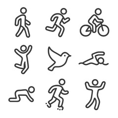 Movement Icon Set. Outline icon set of movement: walking person, running figure, cycling, jumping, flying bird, swimming, crawling
