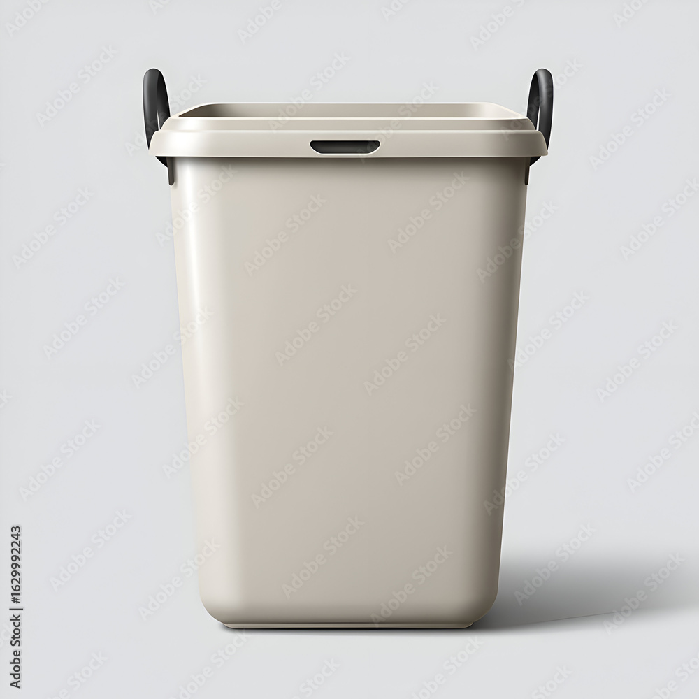 Poster beige plastic storage container with handles in a studio setting. empty container standing upright o