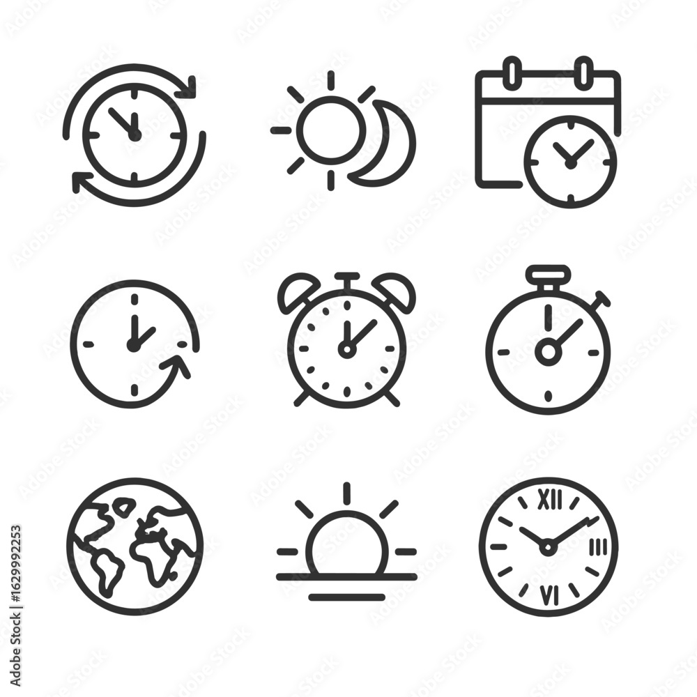 Poster daylight saving icons. outline icon set of daylight saving time: clock with arrows, sun and moon, ca