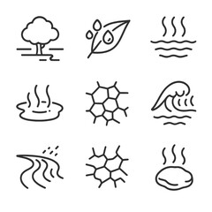 Fototapeta premium Evaporation Icon Set. Outline icon set of natural evaporation phenomena: morning mist, dew droplets on leaf, pond surface steam,