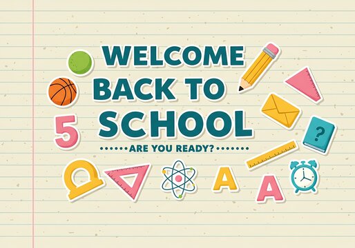 Vibrant welcome back to school illustration featuring colorful school supplies and educational elements on a wooden background - Powered by Adobe