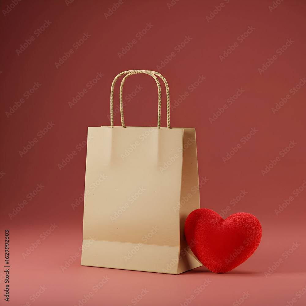 Poster beige paper shopping bag with red heart on a muted red background. empty shopping bag with a red hea